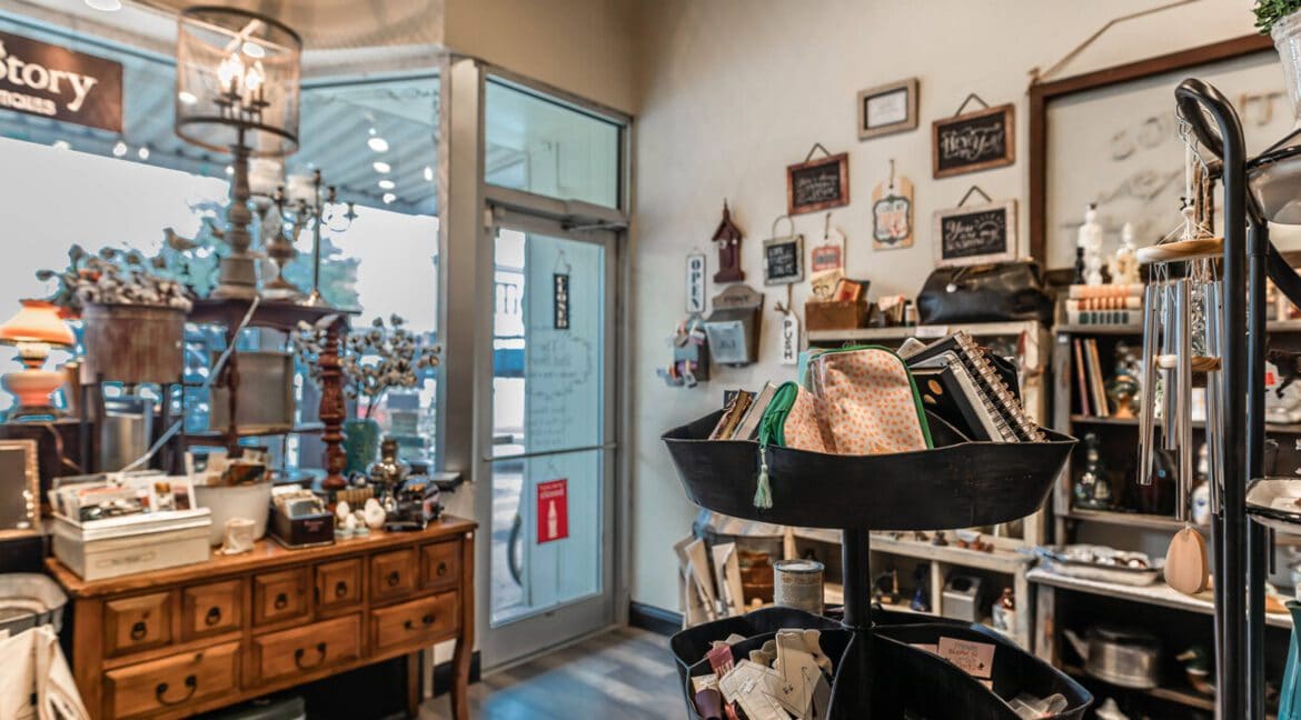 Interior of a retail store with display shelves and decorative items in Bryan, Texas.