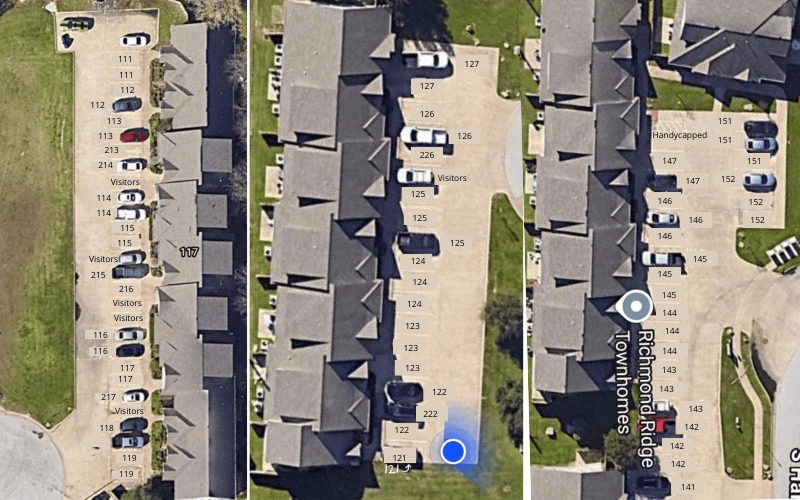 Aerial view of a residential apartment complex with parking lots and green lawns.