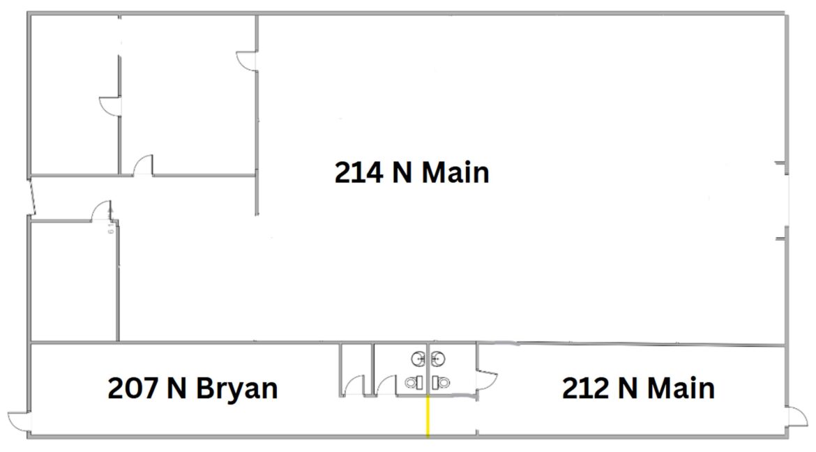 Floor plan of commercial space at 214 N Main with offices and restrooms.
